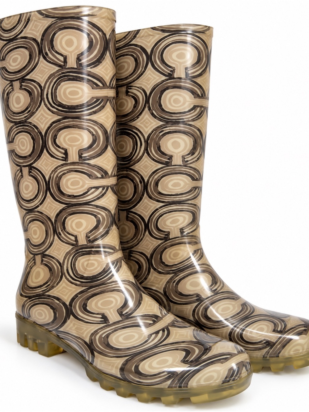 Coach Signature C Tall Rain Boots Rubber Brown Tan Women’s Size 9